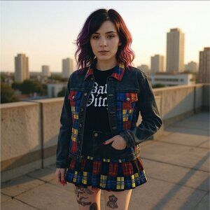 Delia*s ✦ In This Moment Denim Jacket & Skirt Set ✦ Plaid Patchwork Blue S NWT